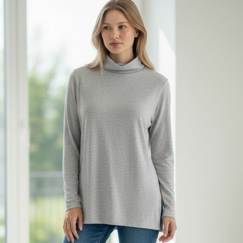 Vina Modal Blend Turtleneck Tunic‎ Top Gray Side Slit Minimalist Quiet Luxury L